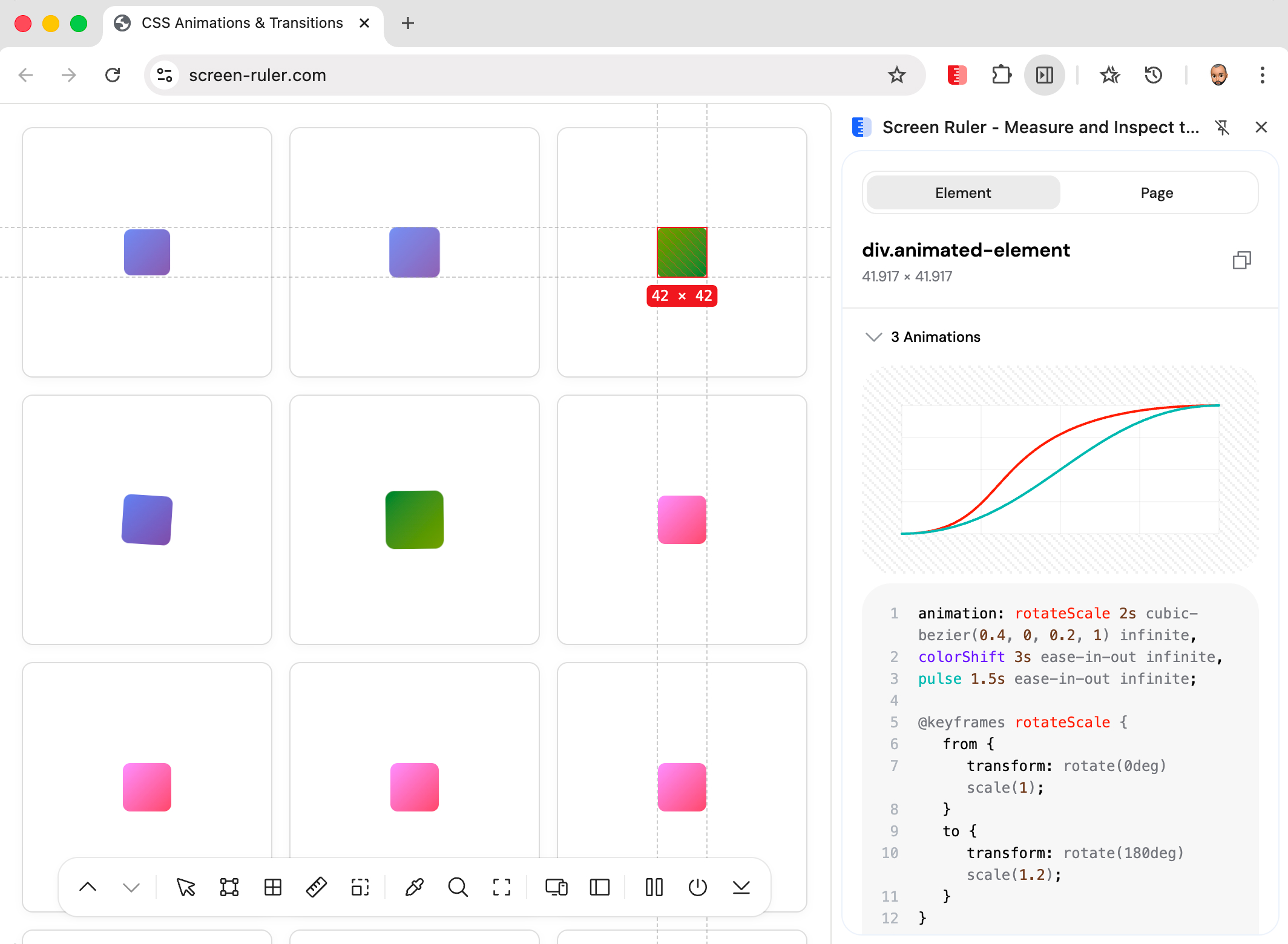 Animation inspector with an SVG cubic-bezier timing curve and the keyframes block