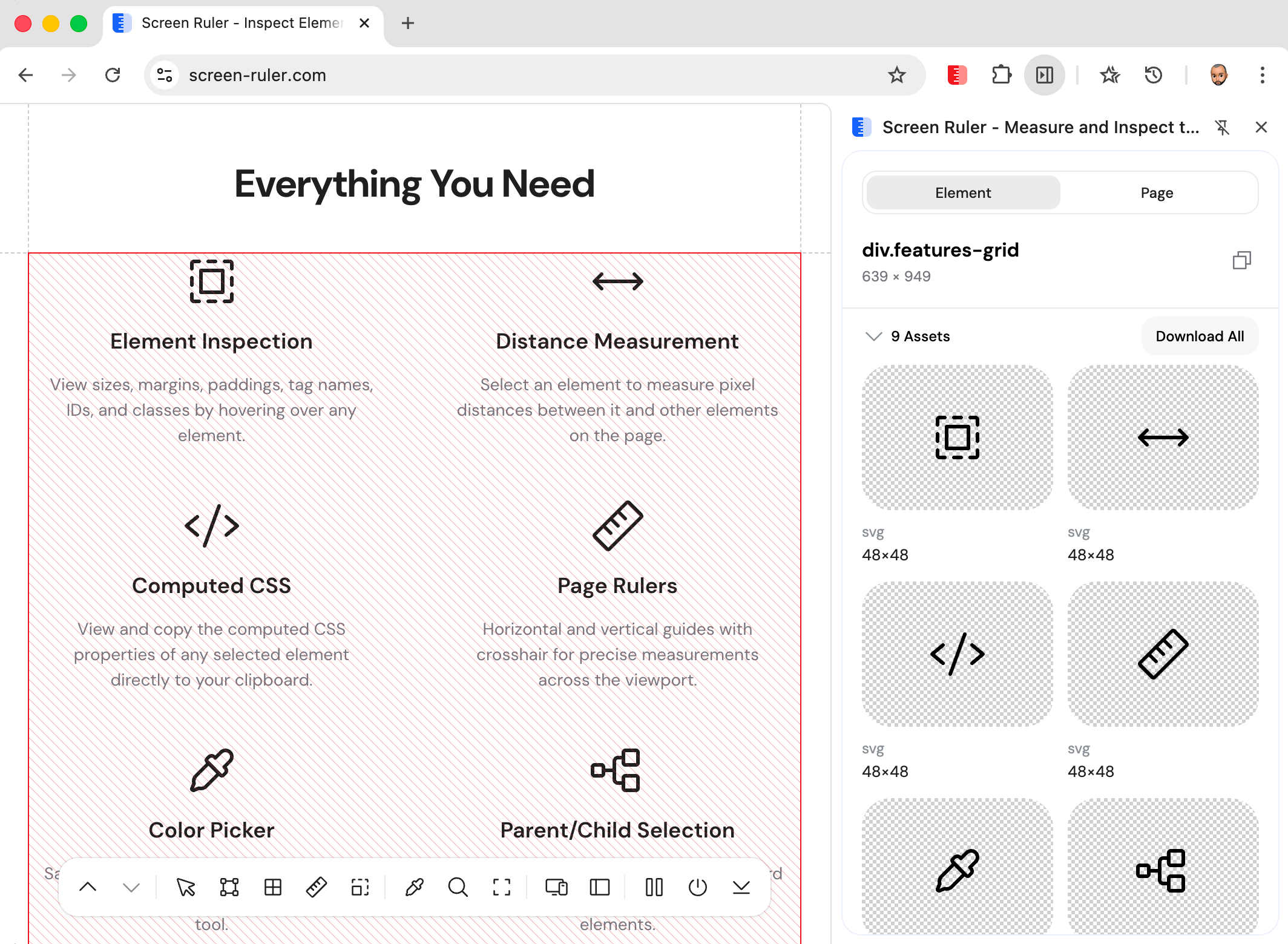 Asset grid showing extracted images and SVGs with format badges and dimensions