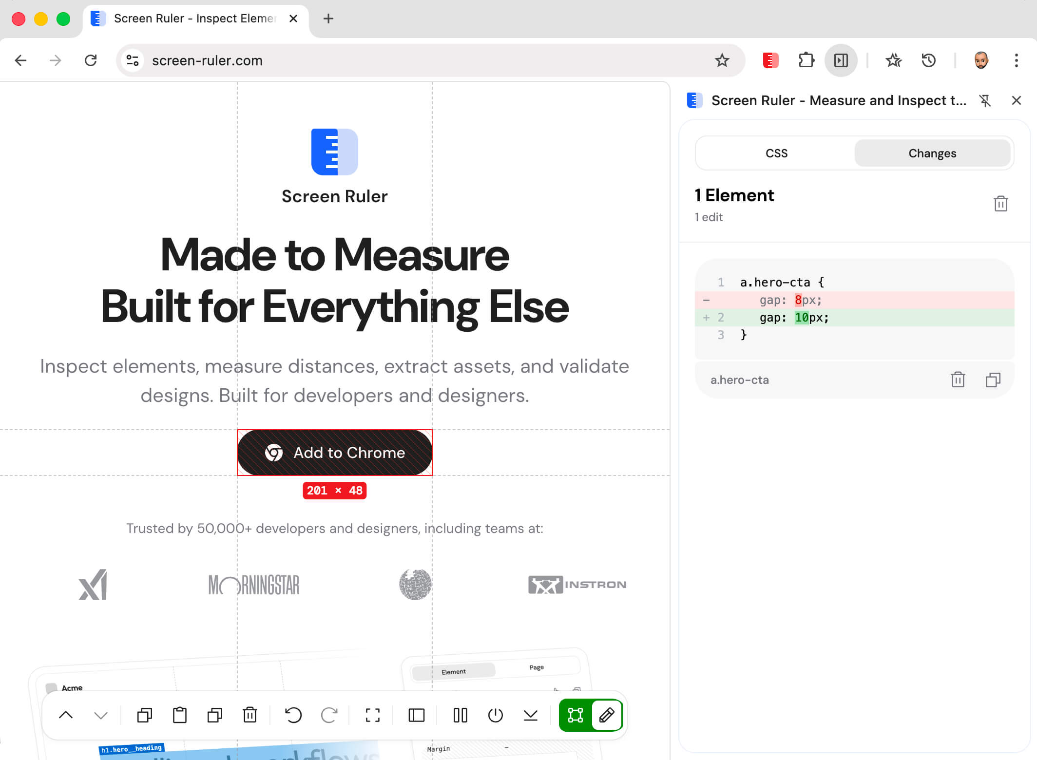 Changes tab showing a diff of edits per element with removed and added lines