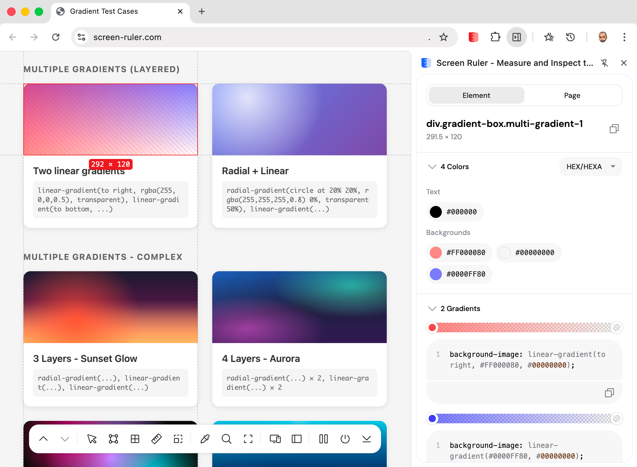 Gradient inspector showing a horizontal colour-stop bar with hover tooltips