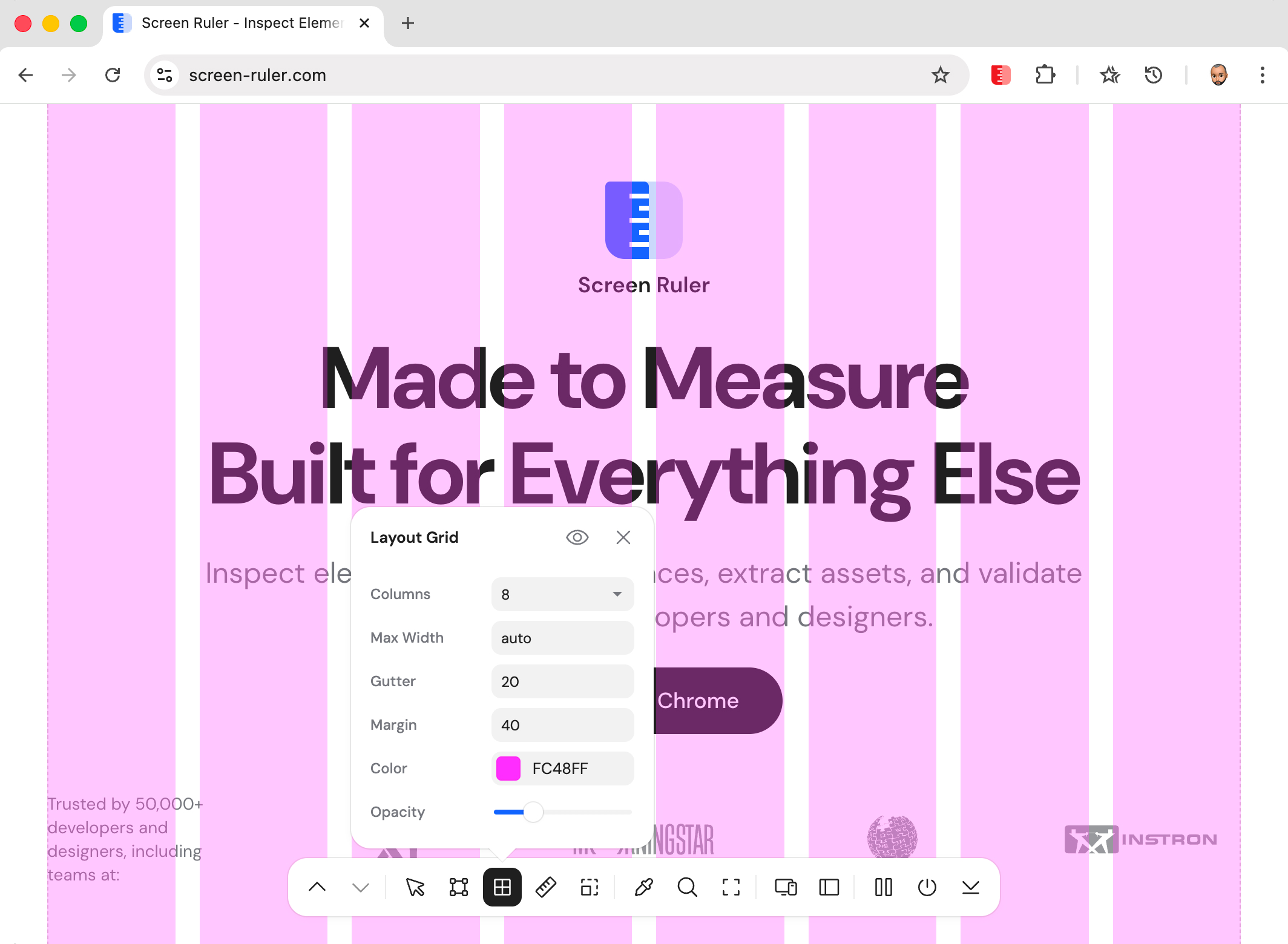 Customisable column grid overlay on a webpage with the settings popover