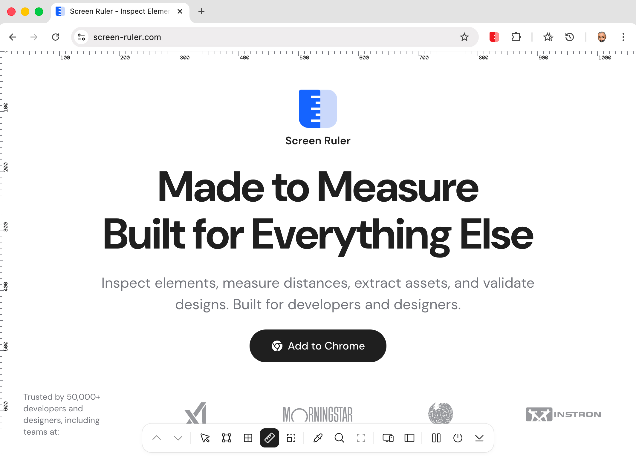 Top and left page rulers with a crosshair tracking the cursor over a webpage