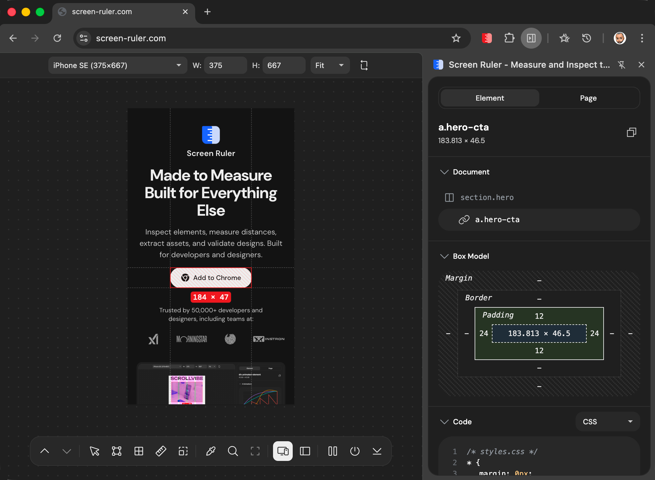 Responsive Mode rendering a webpage inside a device-frame iframe with the device toolbar above