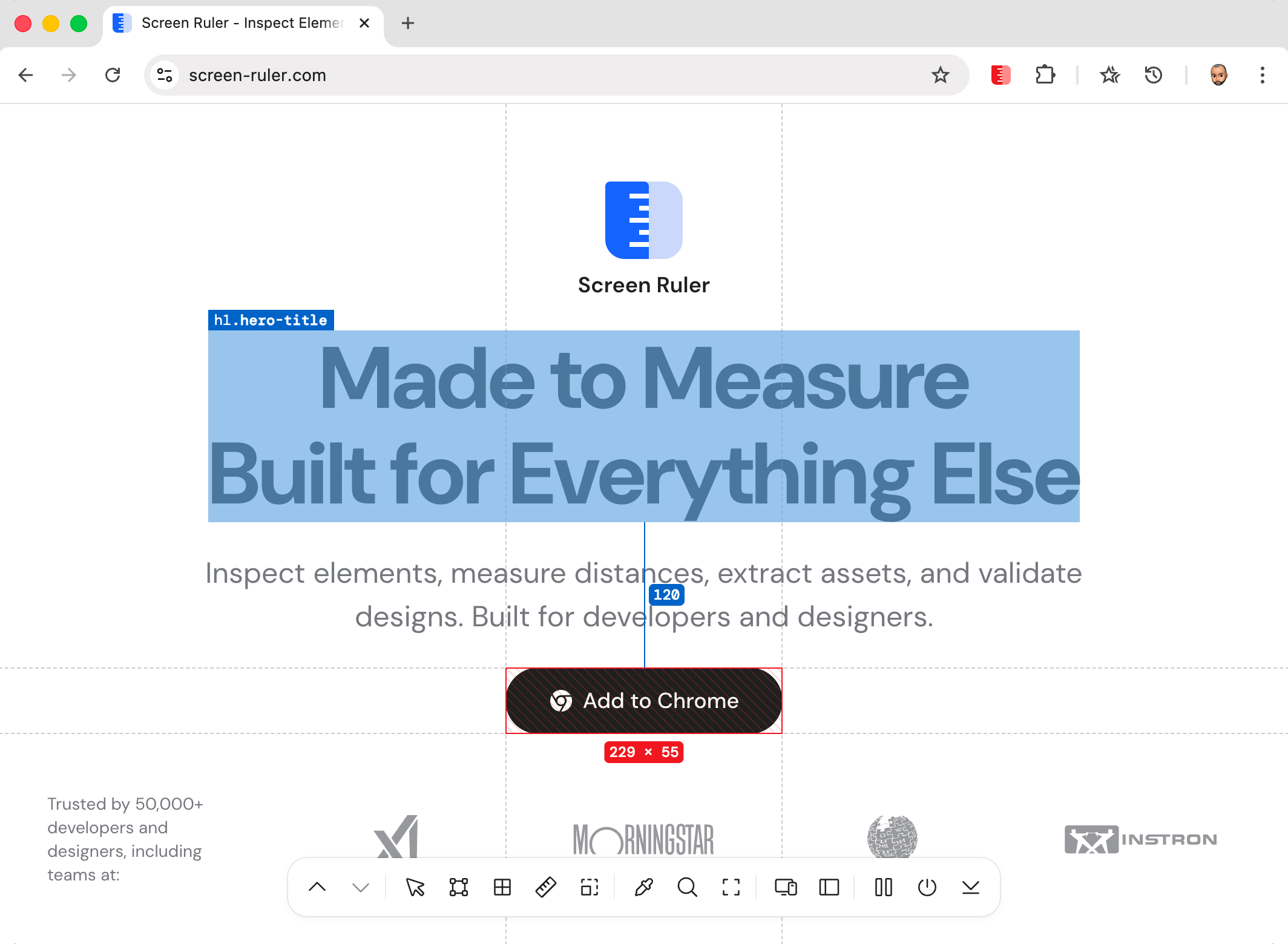 Distance lines drawn between a selected element and a hovered element on a webpage