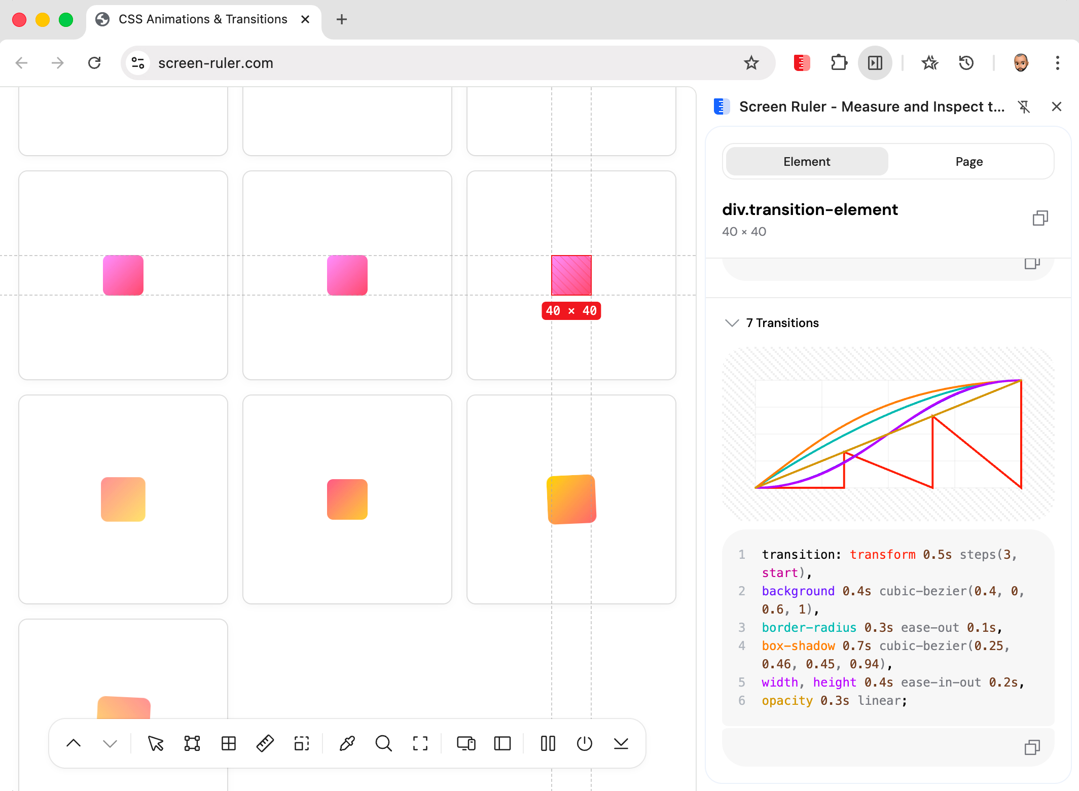 Transition inspector with overlaid cubic-bezier curves grouped by timing
