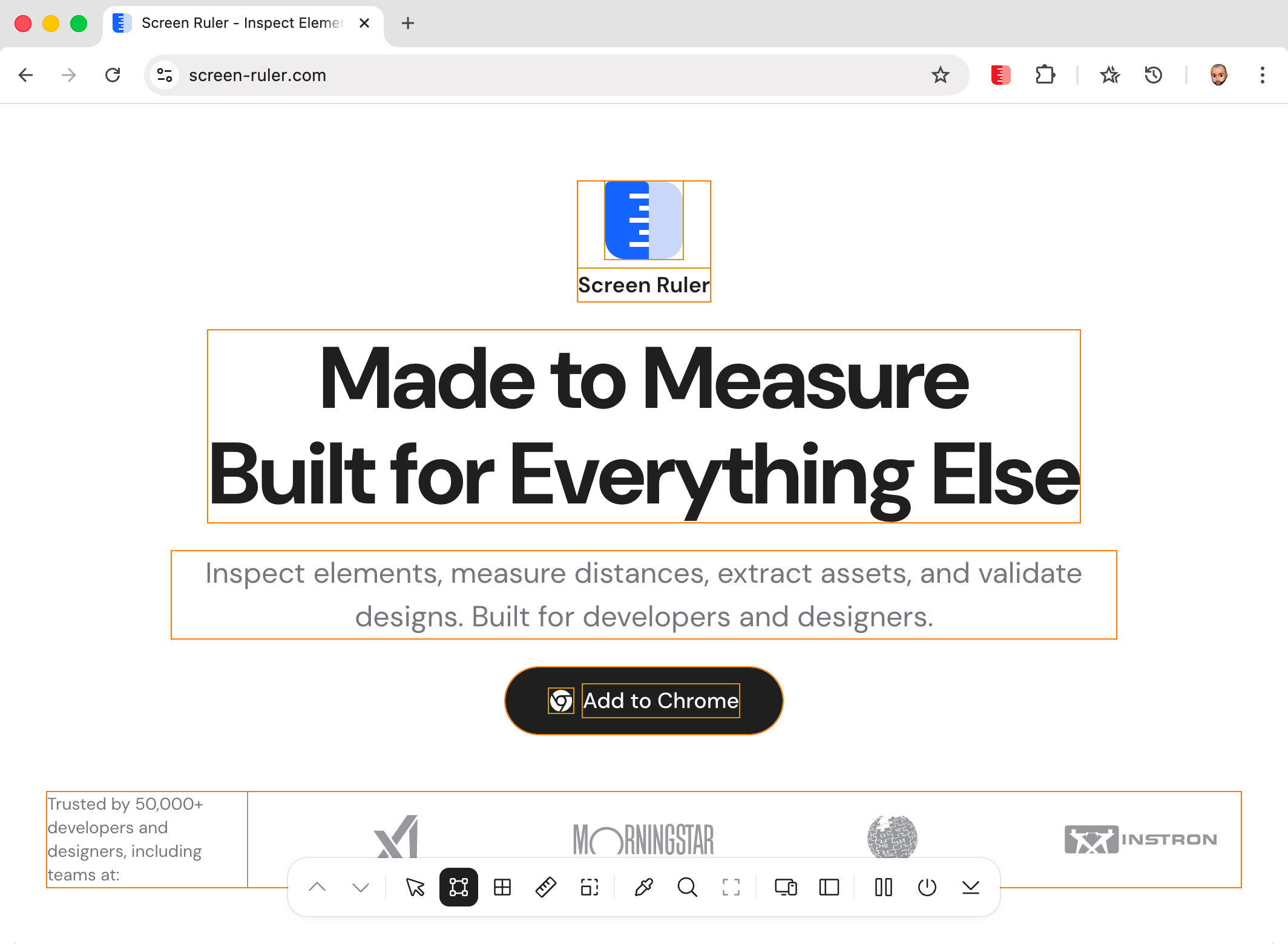 X-Ray Mode outlining every element on a webpage with depth-coloured borders