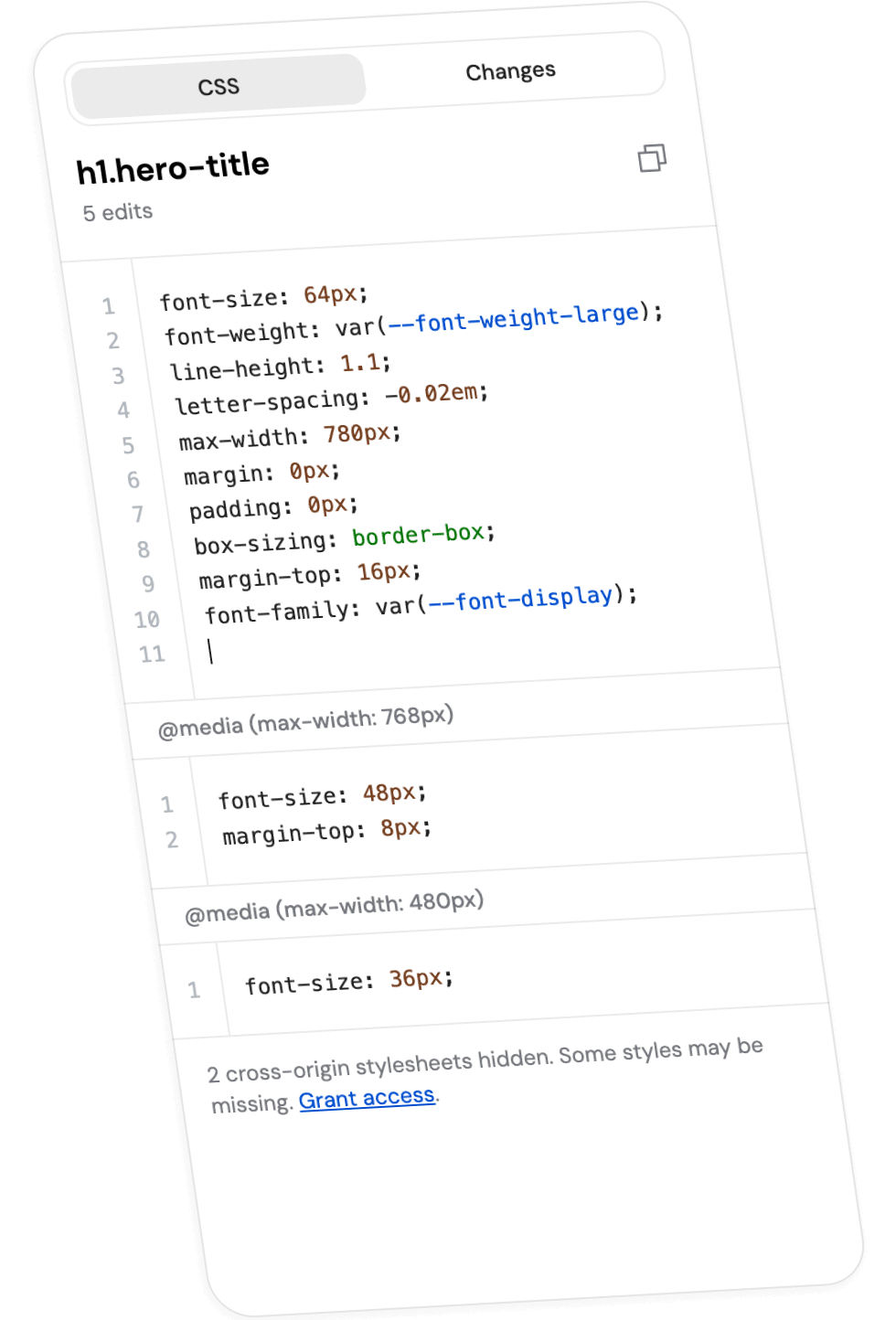 Live CSS editor panel showing element styles and tracked changes