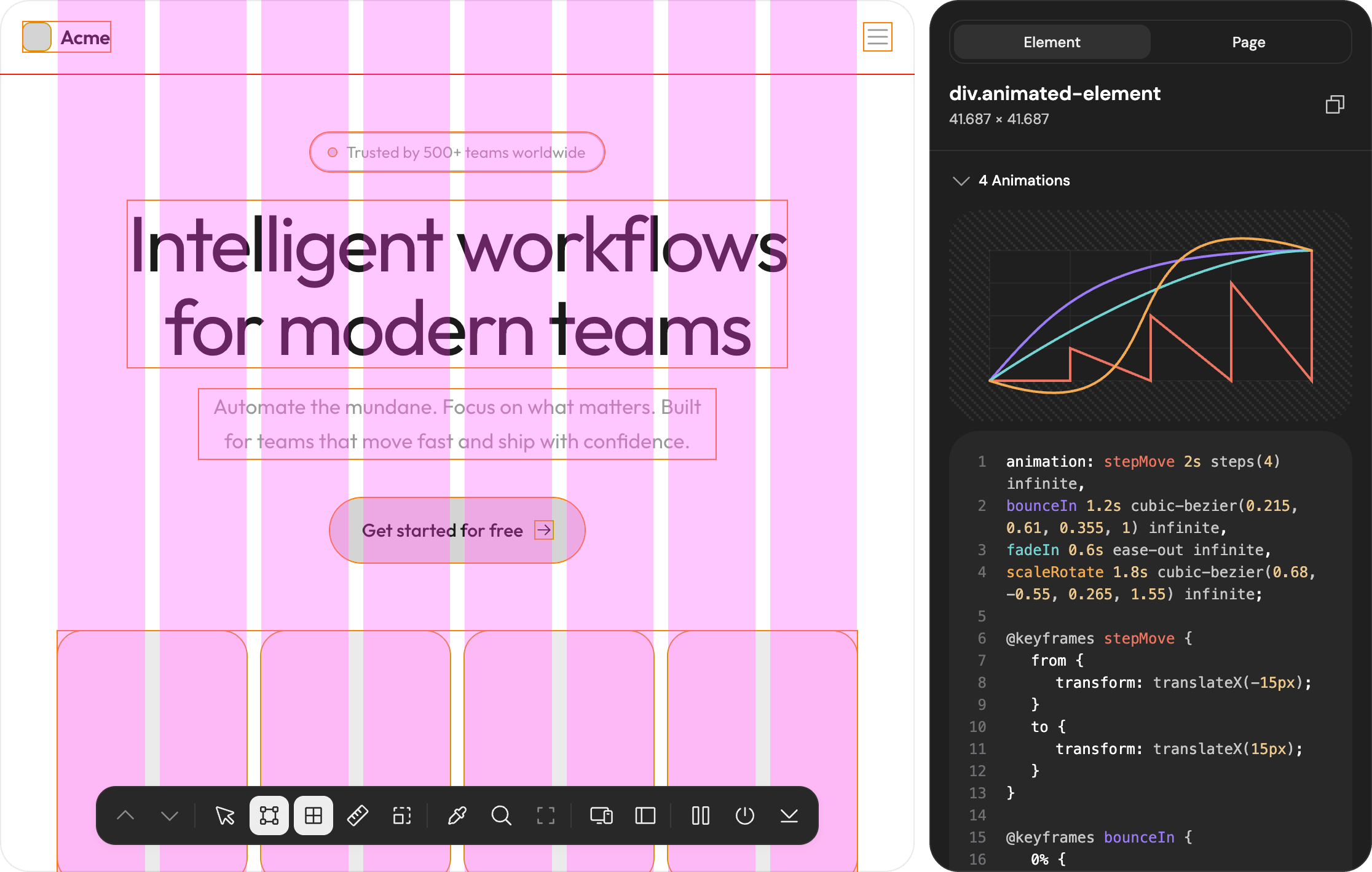 Screen Ruler visualizing layout grids and CSS animations on a webpage